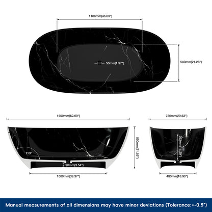 Black marble-patterned  bathtub with dimensions labeled on a white background
