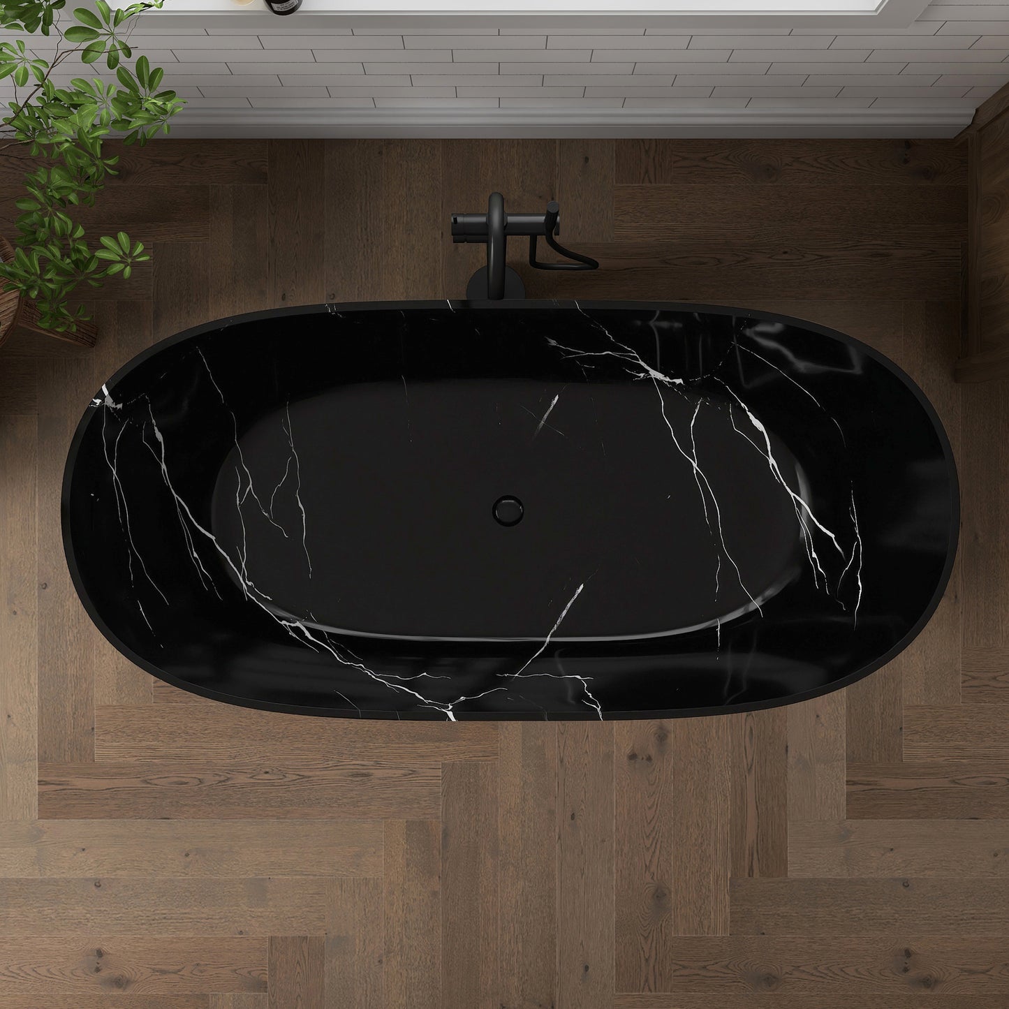 Black marble-patterned bathtub in a bathroom setting with wooden floor and white tiled wall.