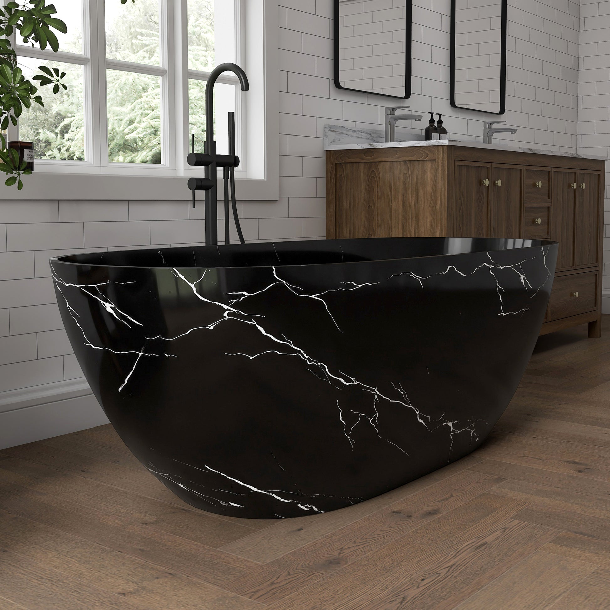 Black marble-patterned bathtub in a modern bathroom with wooden floor and white tiled walls.