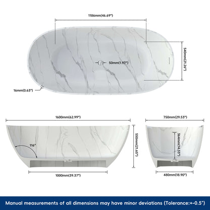 Medunjess 63'' Firmus Freestanding Bathtub Solid Surface Stone