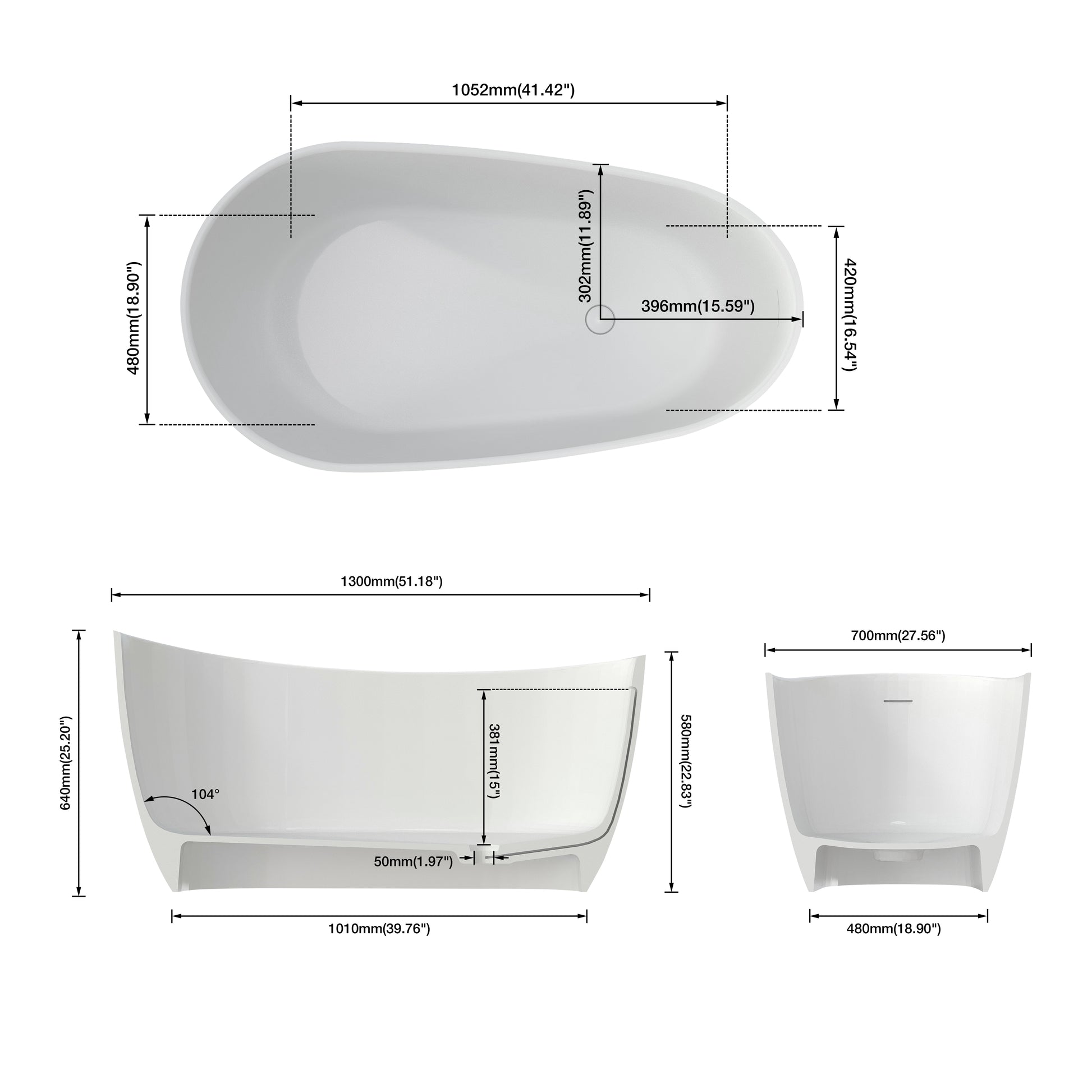 Measurement chart of a white sink with dimensions labeled