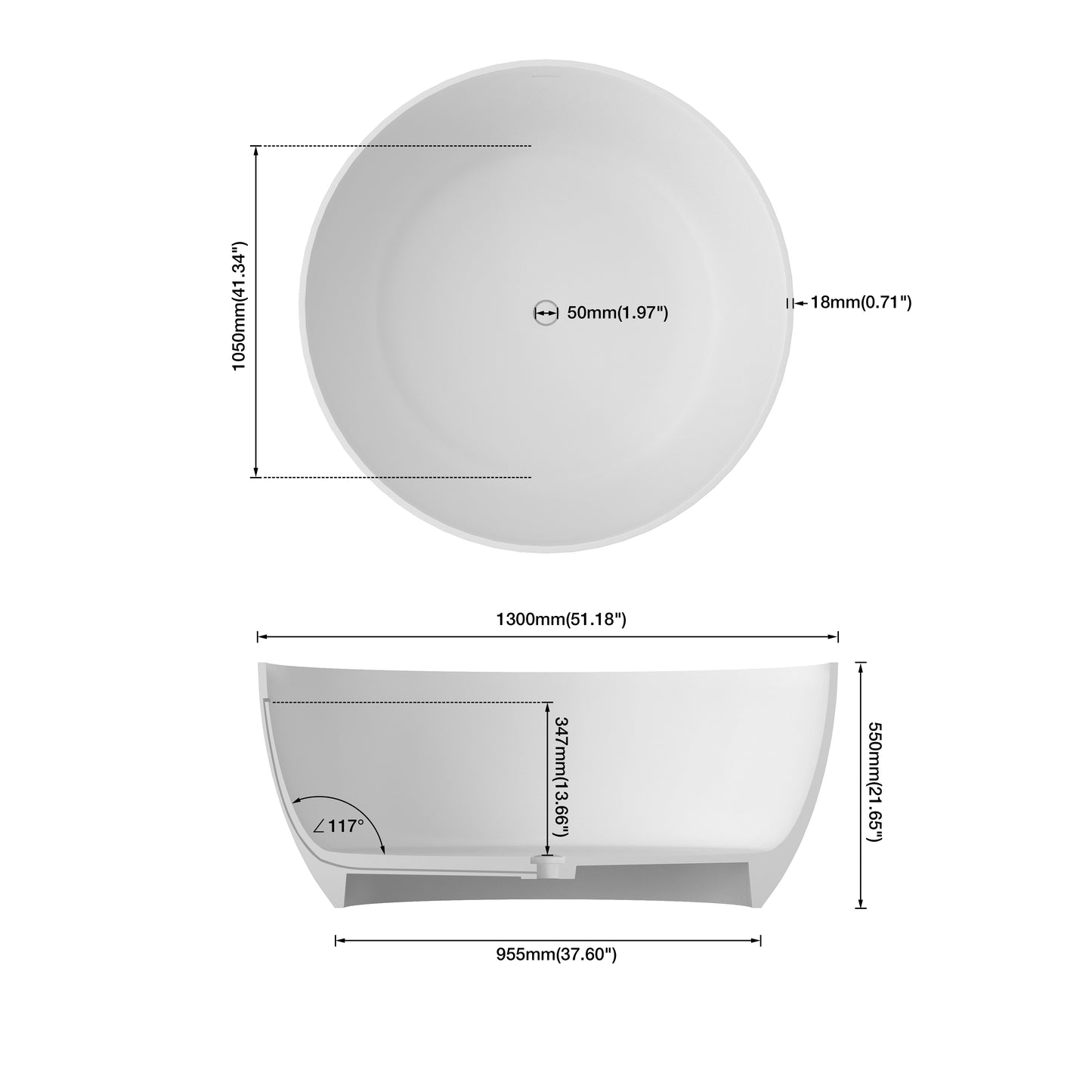 Medunjess 51" Round Solid Surface Stone Freestanding Bathtub