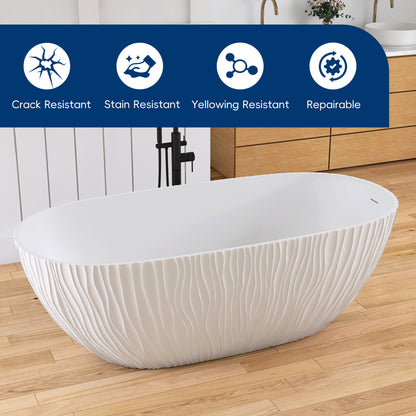 White freestanding bathtub on a wooden floor with durability features displayed above.