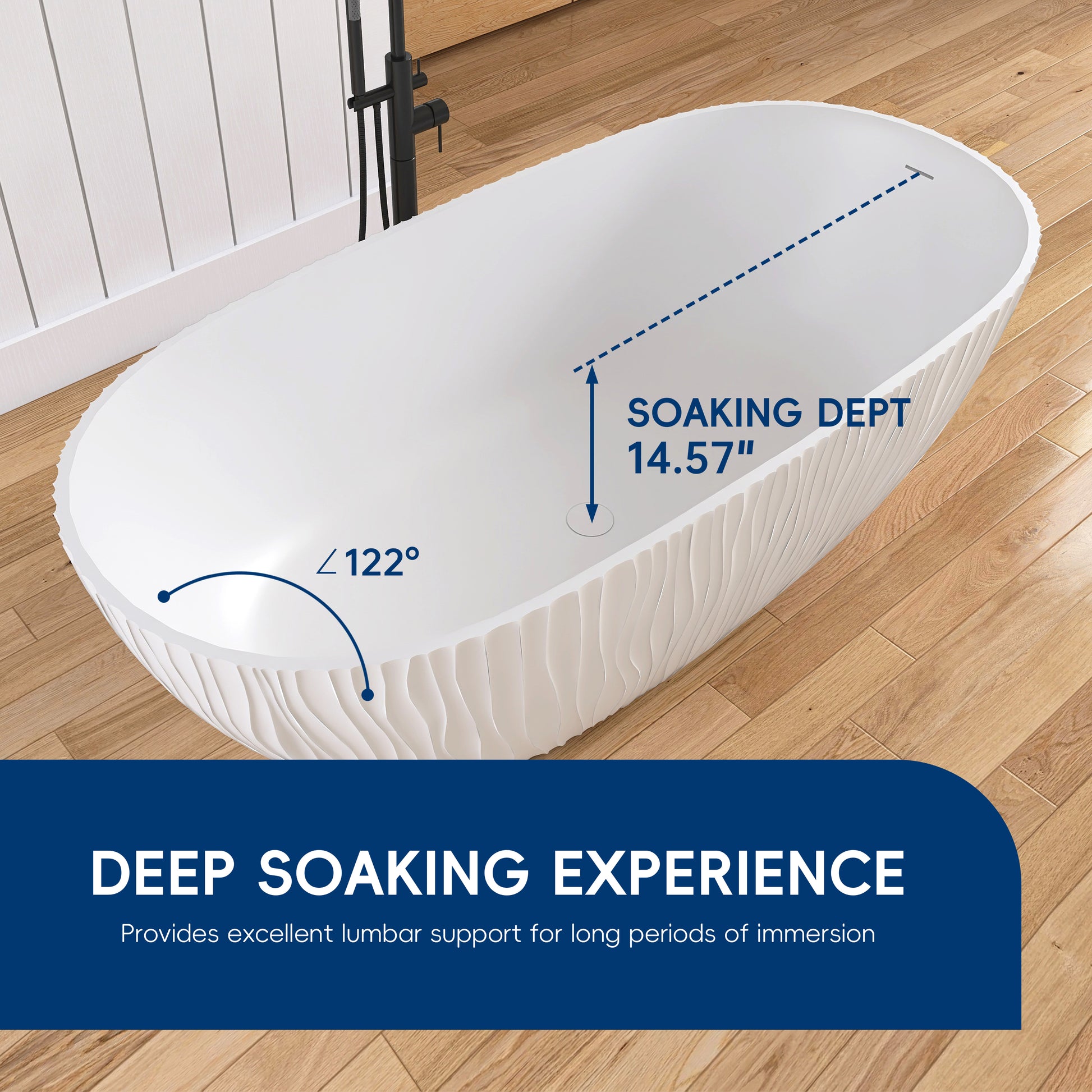 White bathtub on a wooden floor with measurements and text about deep soaking experience.