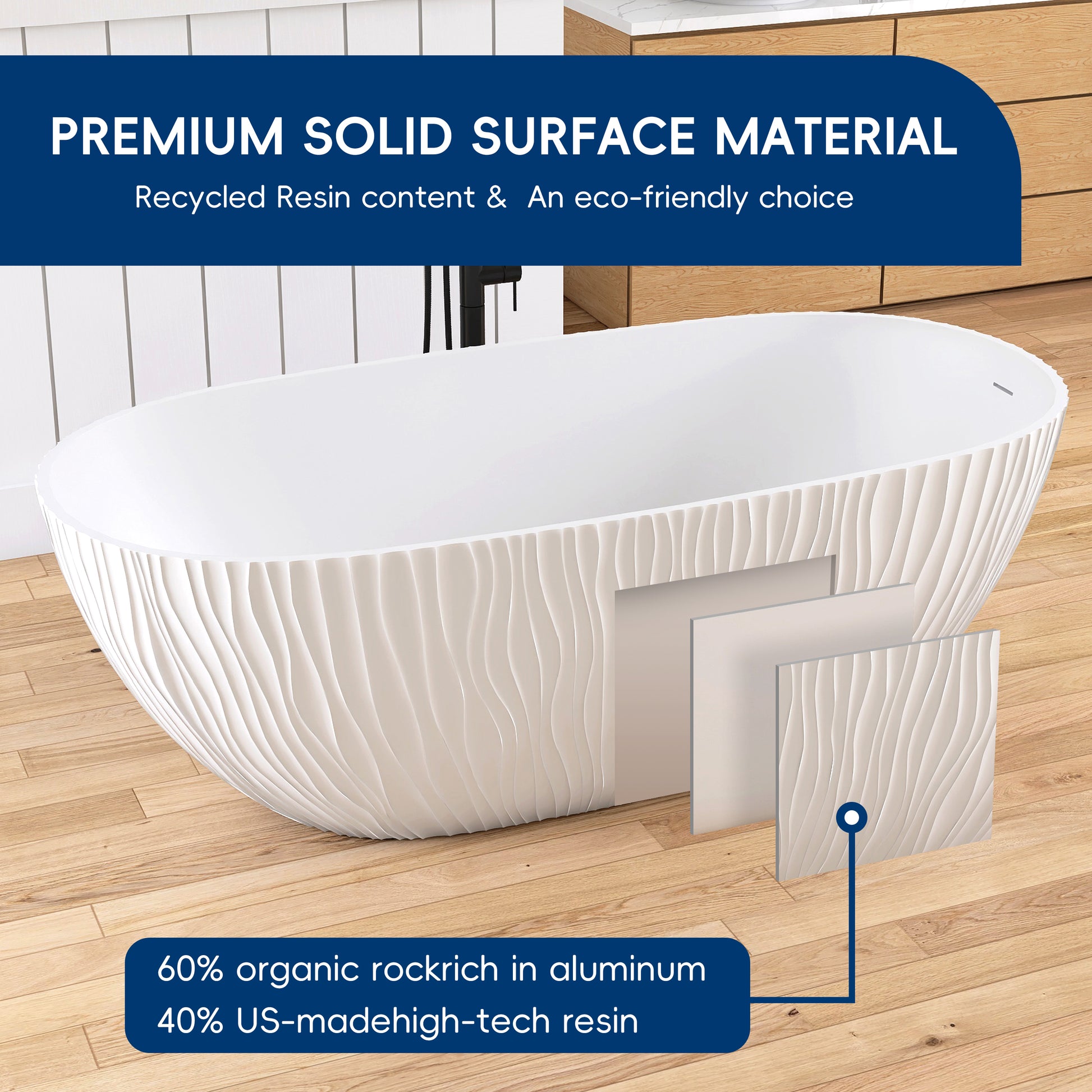 White freestanding bathtub with text about premium solid surface material on a wooden floor.