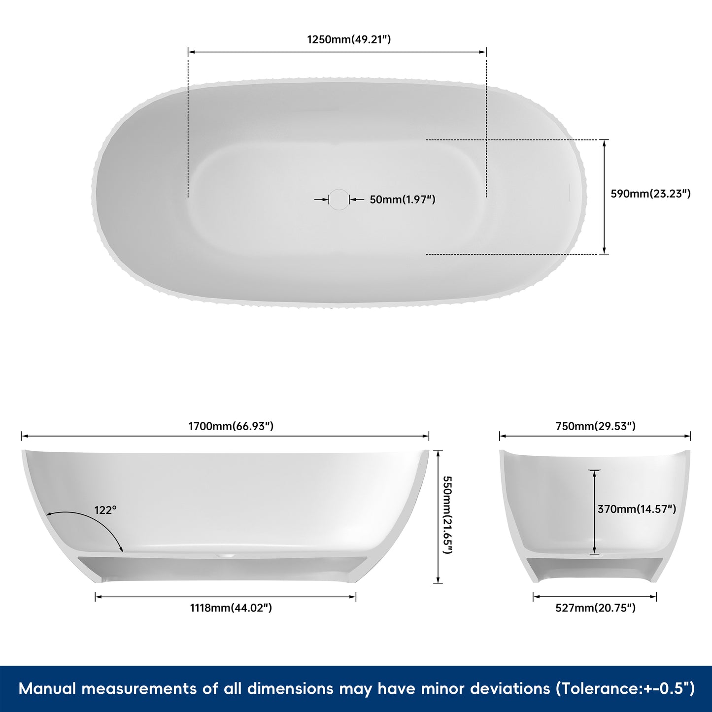 Measurement chart of a white ceramic bathtub with dimensions labeled.