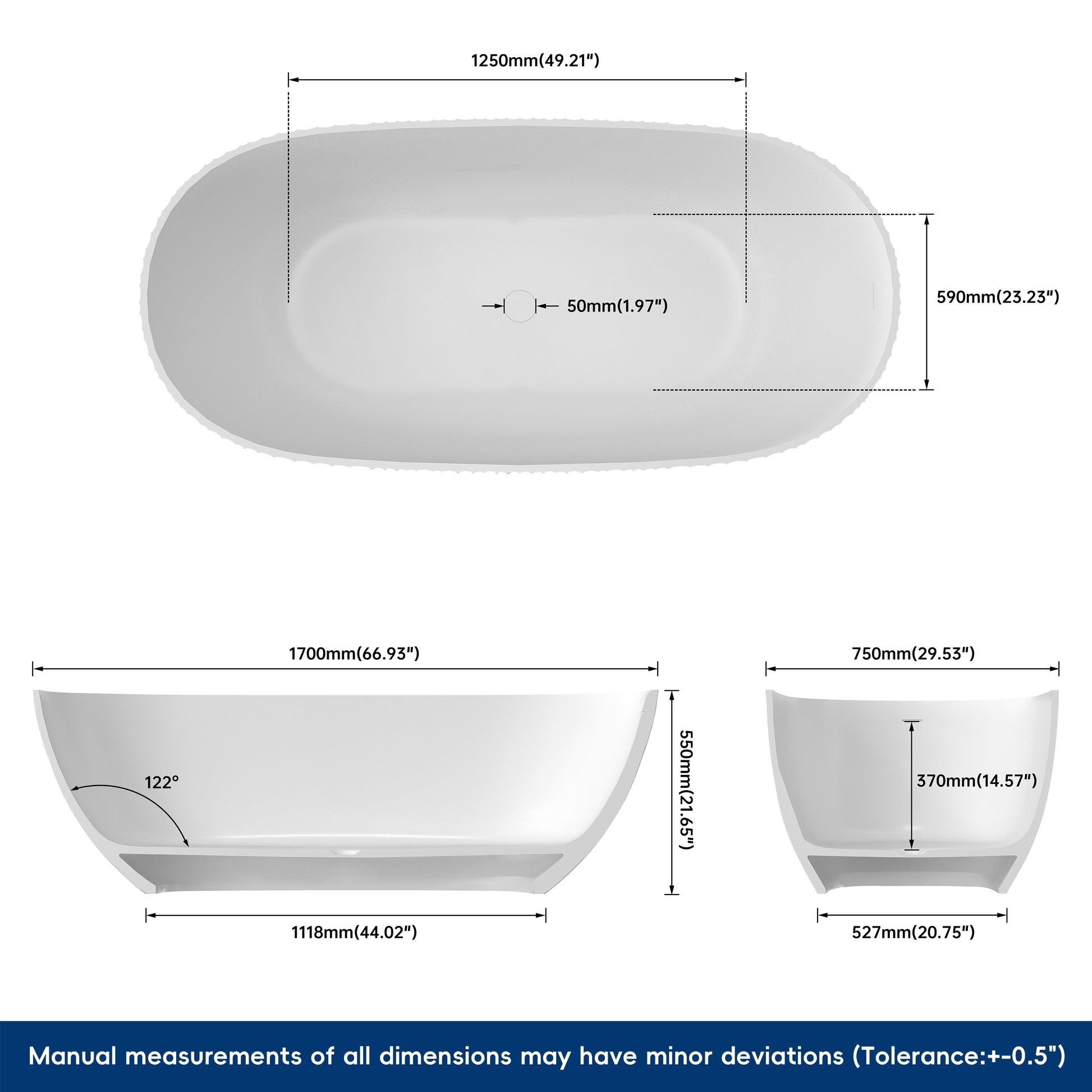 Measurement chart of a white ceramic bathtub with dimensions labeled.