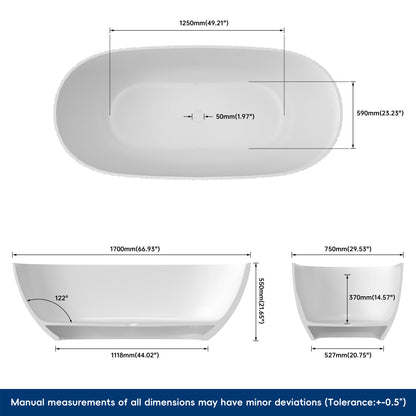 Measurement chart of a white ceramic bathtub with dimensions labeled.