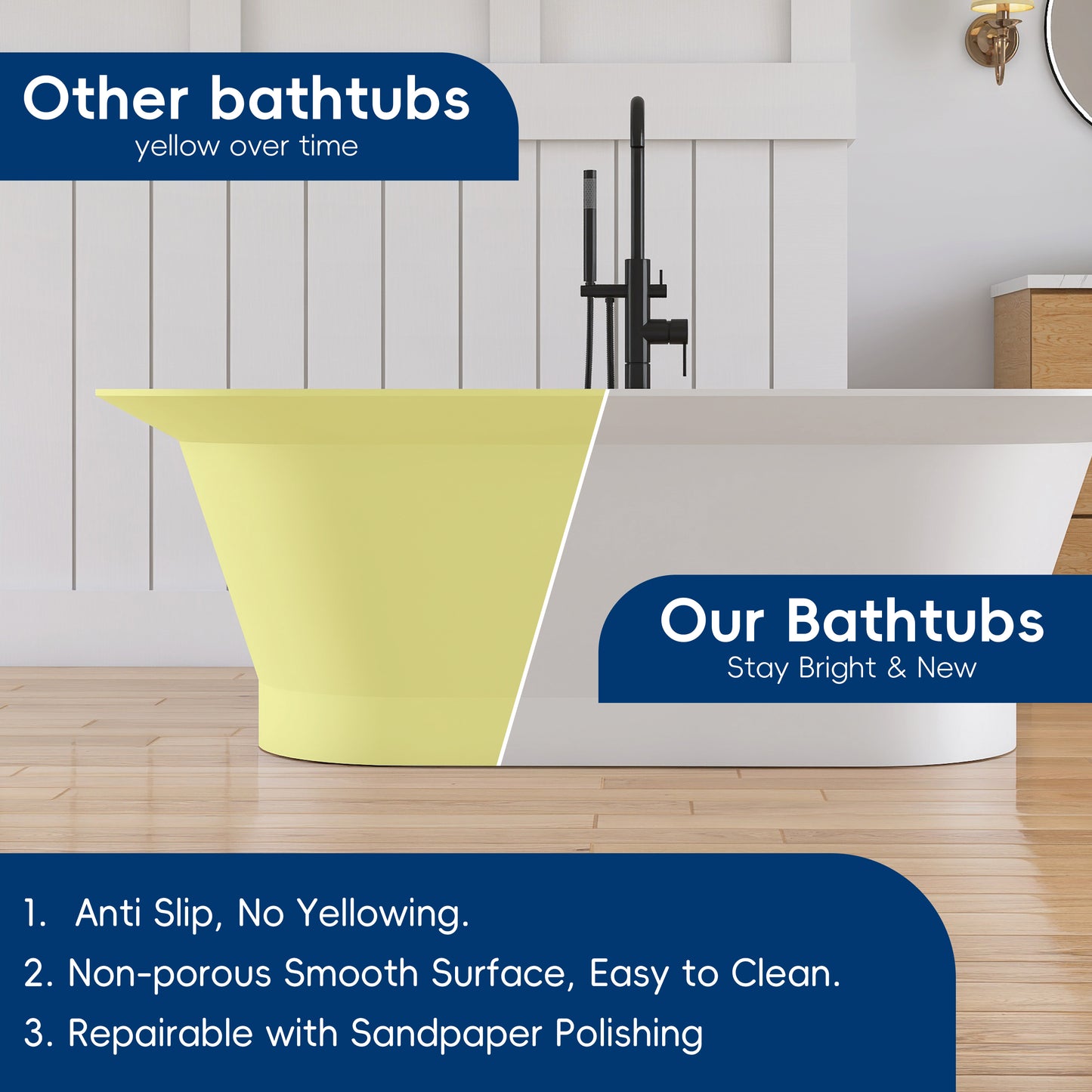 Medunjess 66'' Onyx Freestanding Tub Solid Surface Deep Soaking Bathtub