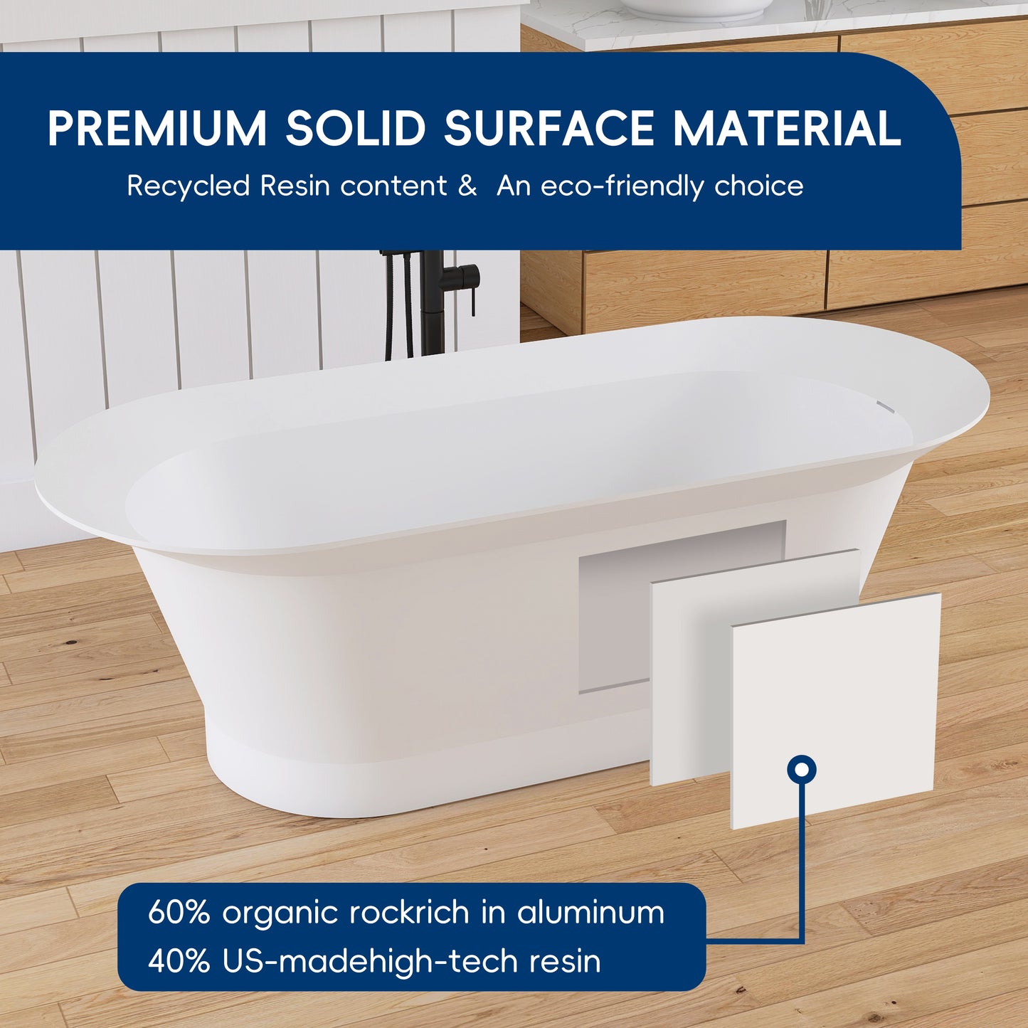 Medunjess 66'' Onyx Freestanding Tub Solid Surface Deep Soaking Bathtub