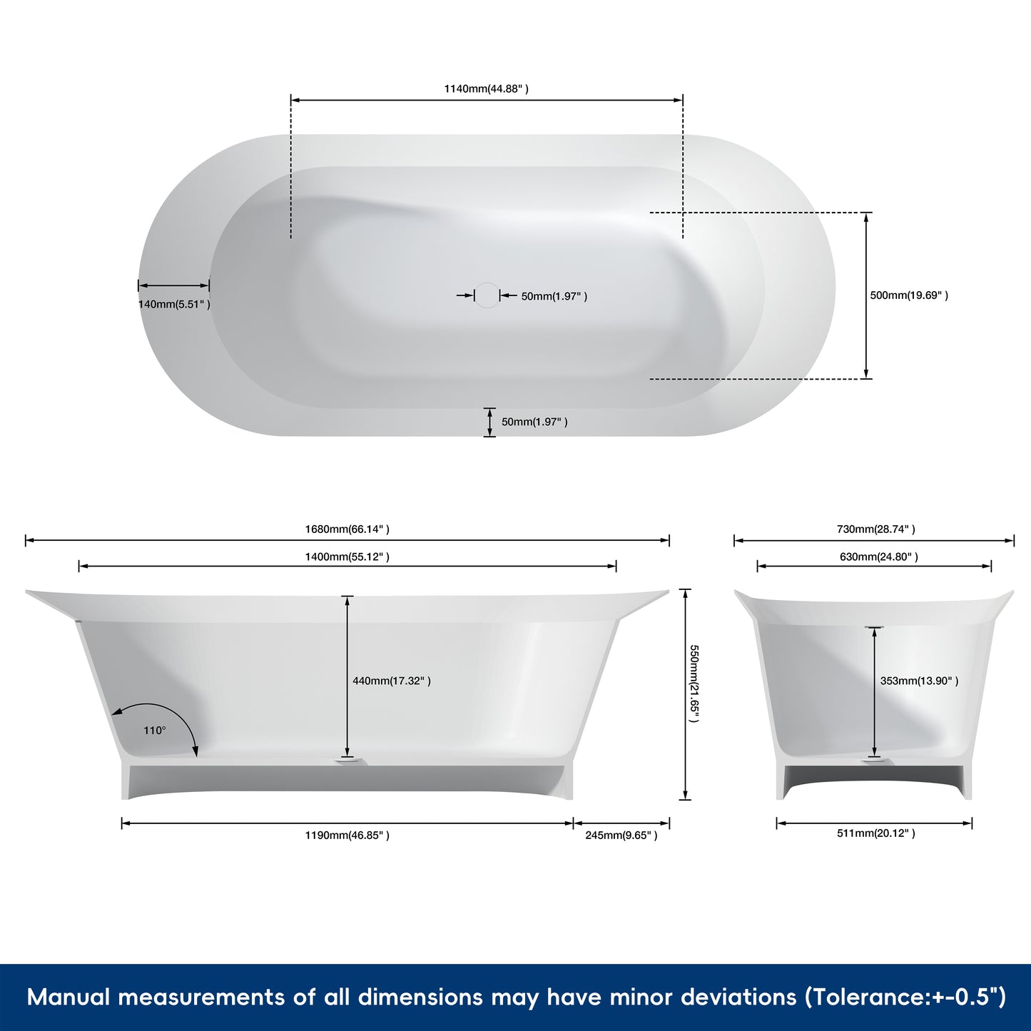 Medunjess 66'' Onyx Freestanding Tub Solid Surface Deep Soaking Bathtub