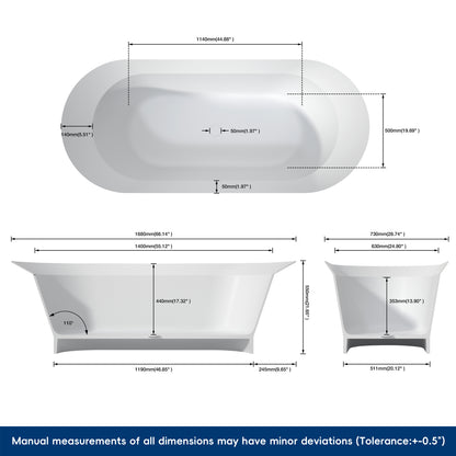 Medunjess 66'' Onyx Freestanding Tub Solid Surface Deep Soaking Bathtub