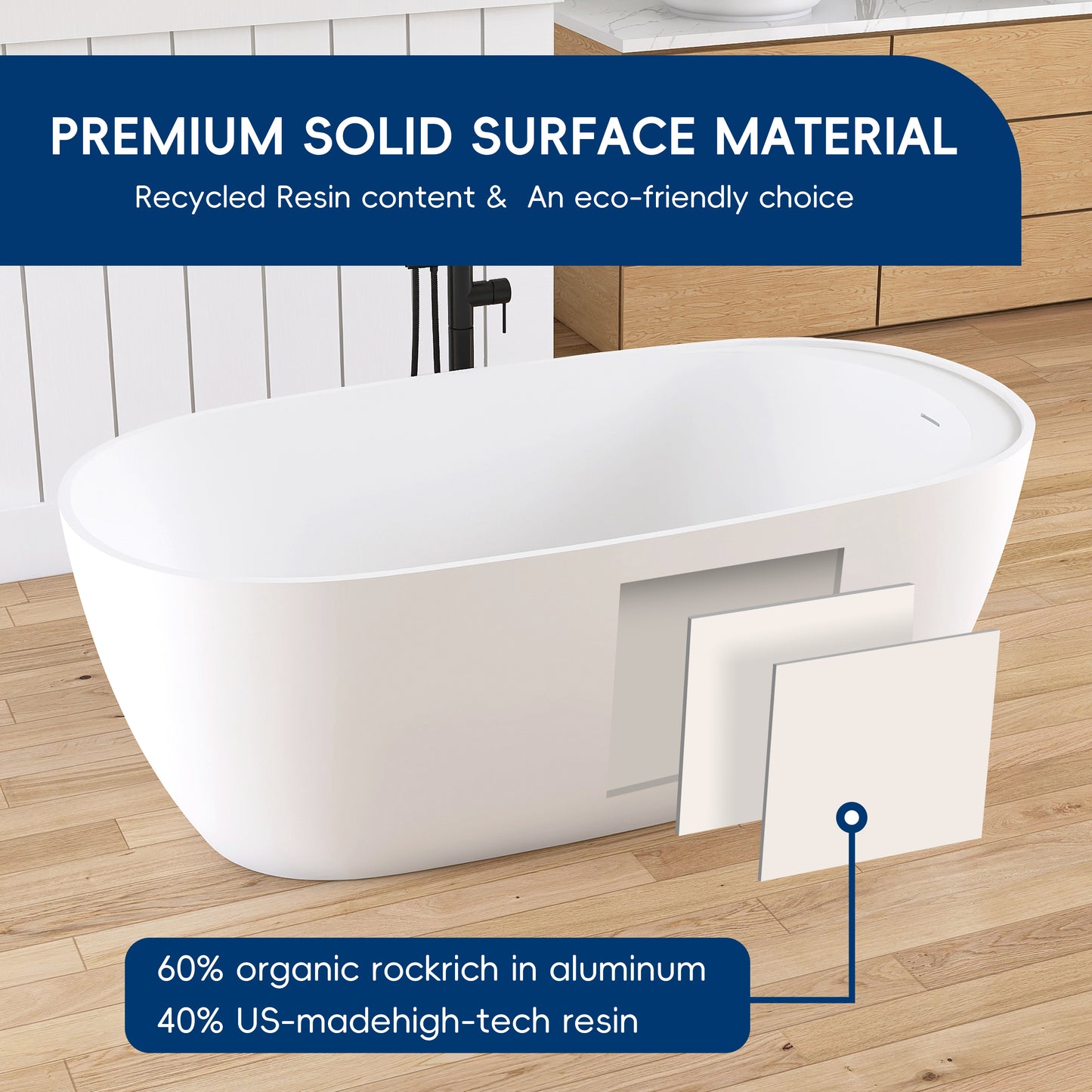 Medunjess 63'' Veloris Freestanding Tub Solid Surface Deep Soaking Bathtub