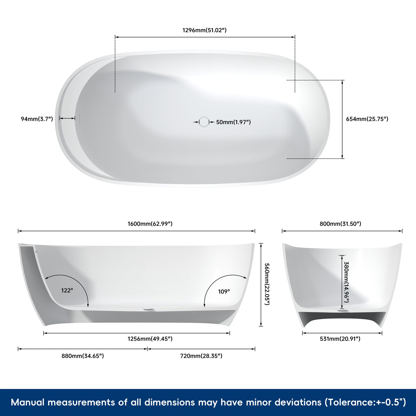 Medunjess 63'' Veloris Freestanding Tub Solid Surface Deep Soaking Bathtub