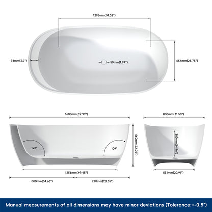 Medunjess 63'' Veloris Freestanding Tub Solid Surface Deep Soaking Bathtub