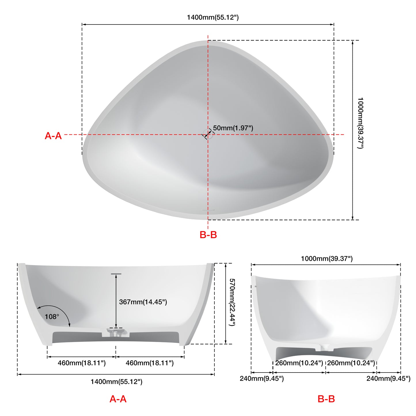 Medunjess 55" Triangular Solid Surface Artificial Stone Soaking Tub with Overflow
