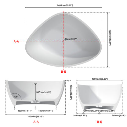 Medunjess 55" Triangular Solid Surface Artificial Stone Soaking Tub with Overflow