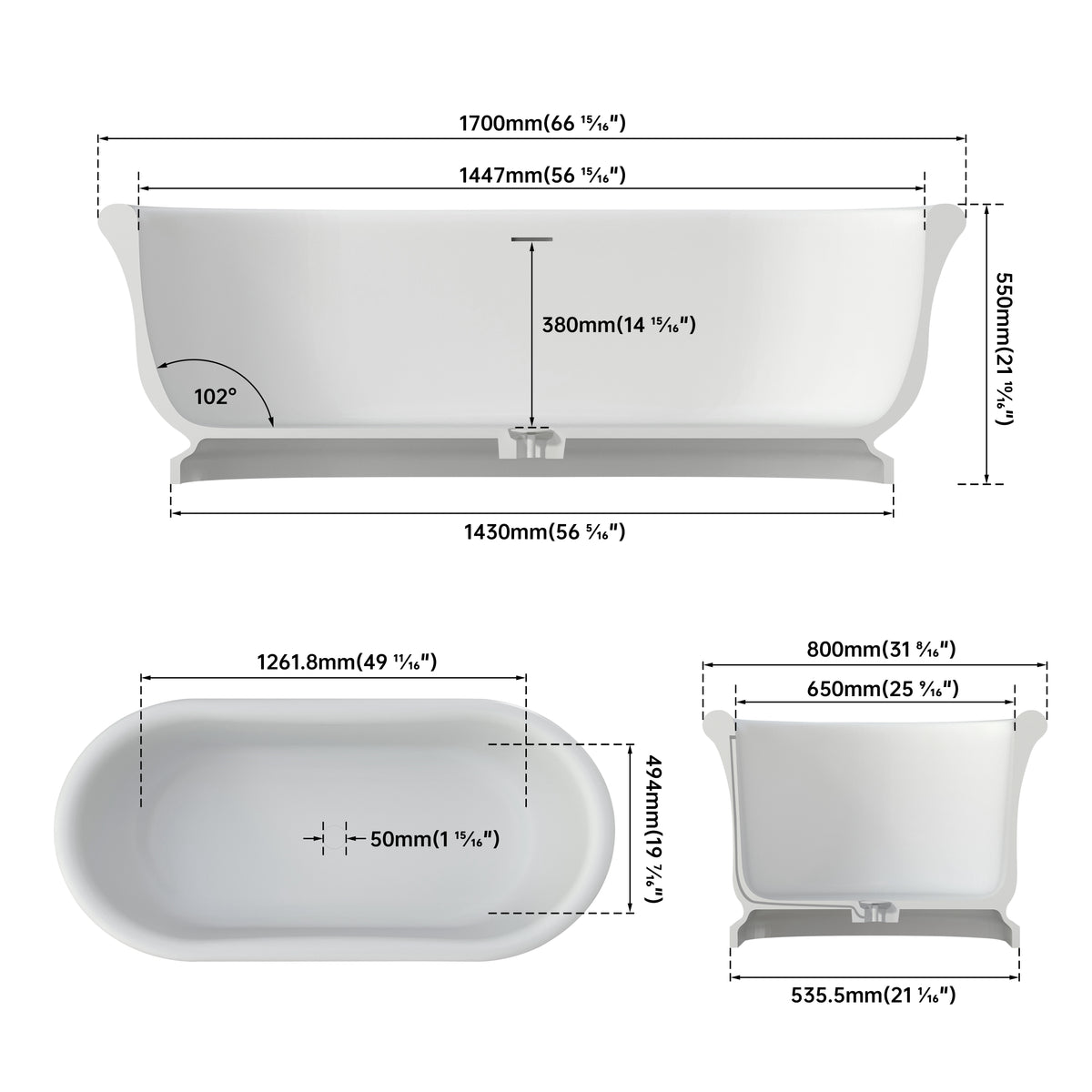 Medunjess 67" Freestanding Solid Surface Stone Composite Soaking Bathtub - Matte White