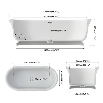 Medunjess 67" Freestanding Solid Surface Stone Composite Soaking Bathtub - Matte White