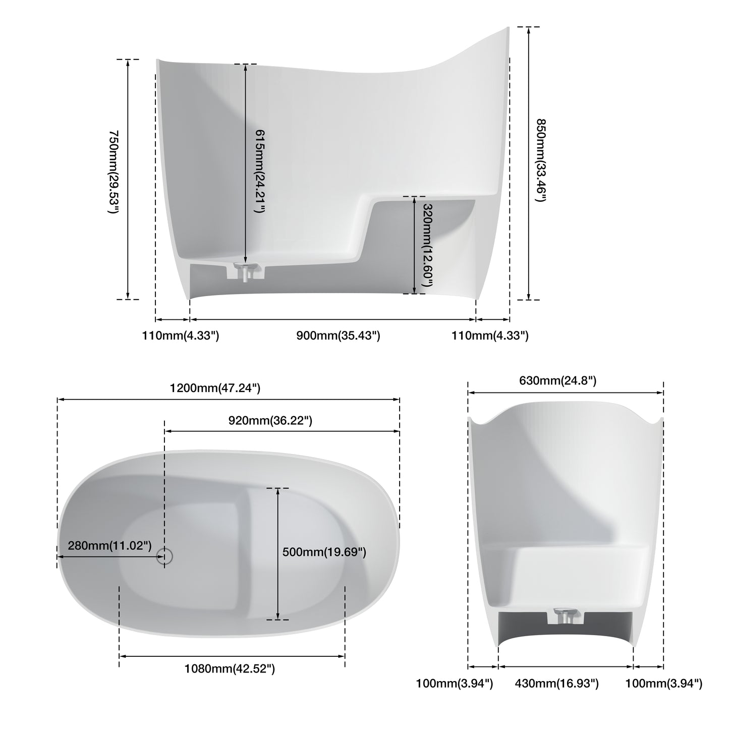 Medunjess 47" Japanese Soaking Tub Matte White Artificial Stone Soaking Tub with Built-in Seat (No Overflow)