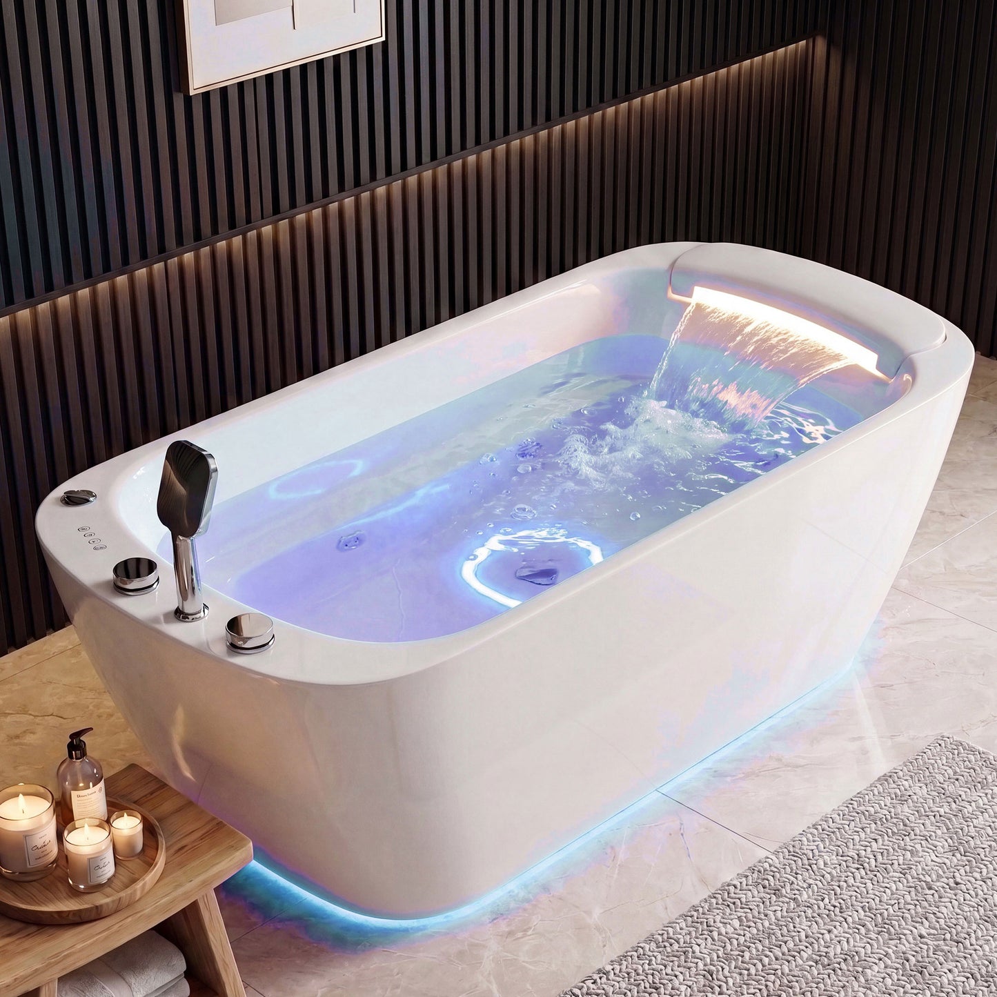 Medunjess 67" Modern White Acrylic Whirlpool Jetted Freestanding Bathtub with Waterfall Pillow, 11 Hydro Massage Jets, Air Bubble System & Blue LED Chromatherapy Light