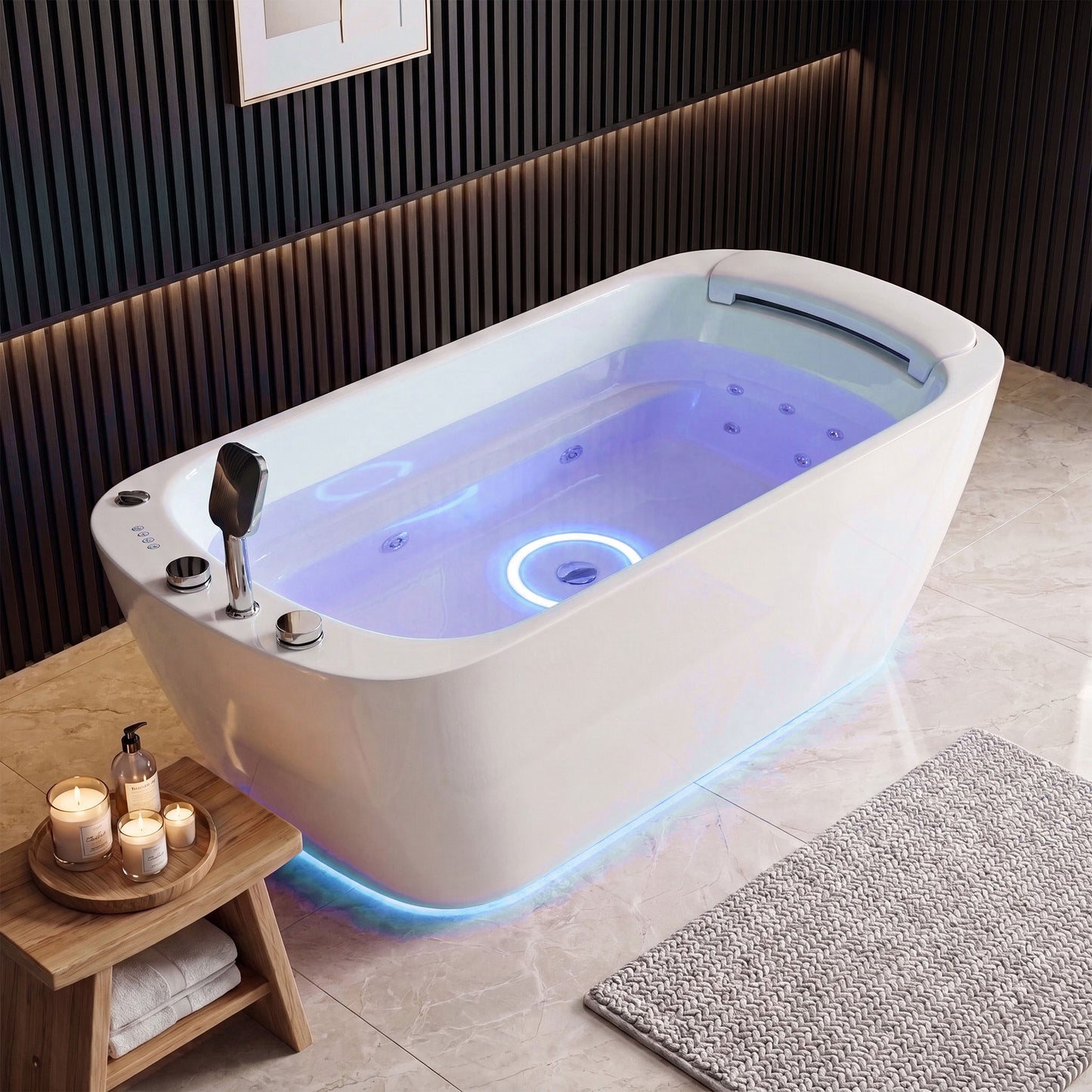 Medunjess 67" Modern White Acrylic Whirlpool Jetted Freestanding Bathtub with Waterfall Pillow, 11 Hydro Massage Jets, Air Bubble System & Blue LED Chromatherapy Light