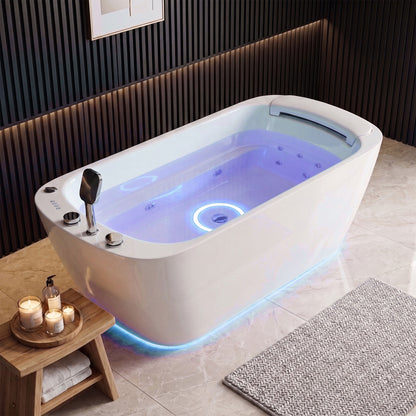 Medunjess 67" Modern White Acrylic Whirlpool Jetted Freestanding Bathtub with Waterfall Pillow, 11 Hydro Massage Jets, Air Bubble System & Blue LED Chromatherapy Light