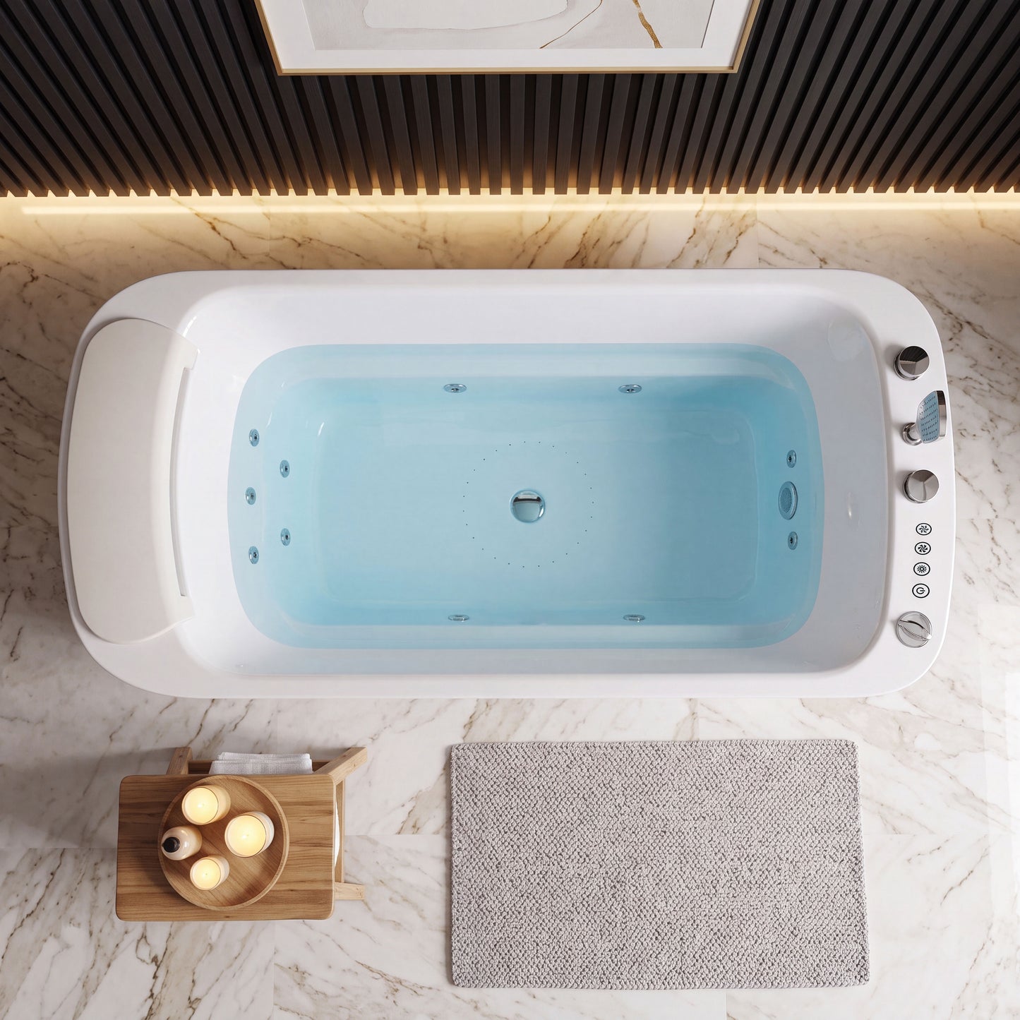 Medunjess 67" Modern White Acrylic Whirlpool Jetted Freestanding Bathtub with Waterfall Pillow, 11 Hydro Massage Jets, Air Bubble System & Blue LED Chromatherapy Light
