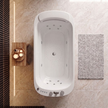 Medunjess 67" Modern White Acrylic Whirlpool Jetted Freestanding Bathtub with Waterfall Pillow, 11 Hydro Massage Jets, Air Bubble System & Blue LED Chromatherapy Light