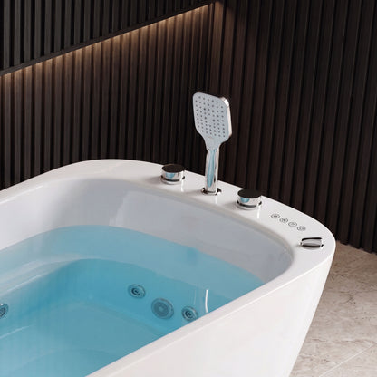 Medunjess 67" Modern White Acrylic Whirlpool Jetted Freestanding Bathtub with Waterfall Pillow, 11 Hydro Massage Jets, Air Bubble System & Blue LED Chromatherapy Light