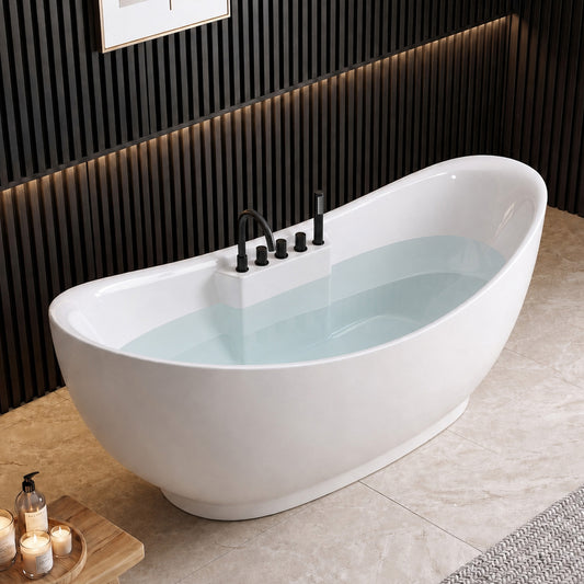 Medunjess 71" Modern Freestanding Acrylic Soaking Air Massage Bathtub with Matte Black 5-Piece Faucet Set, One-Touch Control Panel, Blue LED Chromatherapy Light & Air Bubble Bath