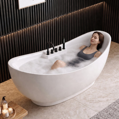 Medunjess 71" Modern Freestanding Acrylic Soaking Air Massage Bathtub with Matte Black 5-Piece Faucet Set, One-Touch Control Panel, Blue LED Chromatherapy Light & Air Bubble Bath