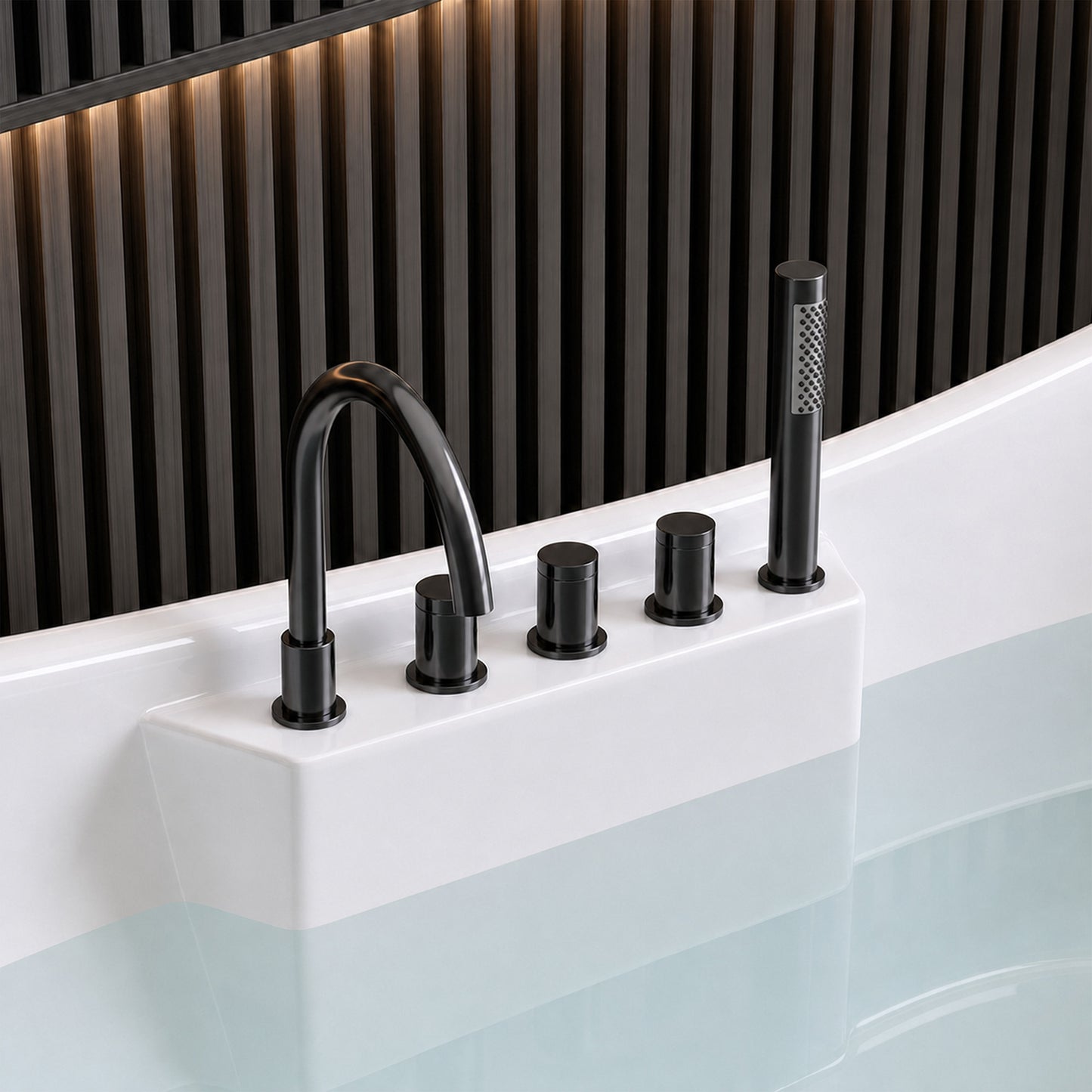 Medunjess 71" Modern Freestanding Acrylic Soaking Air Massage Bathtub with Matte Black 5-Piece Faucet Set, One-Touch Control Panel, Blue LED Chromatherapy Light & Air Bubble Bath