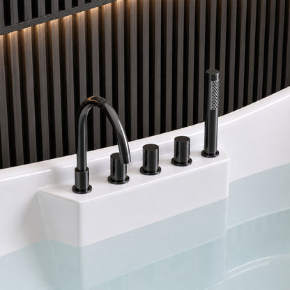 Medunjess 71" Modern Freestanding Acrylic Soaking Air Massage Bathtub with Matte Black 5-Piece Faucet Set, One-Touch Control Panel, Blue LED Chromatherapy Light & Air Bubble Bath