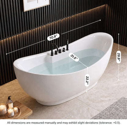 Medunjess 71" Modern Freestanding Acrylic Soaking Air Massage Bathtub with Matte Black 5-Piece Faucet Set, One-Touch Control Panel, Blue LED Chromatherapy Light & Air Bubble Bath