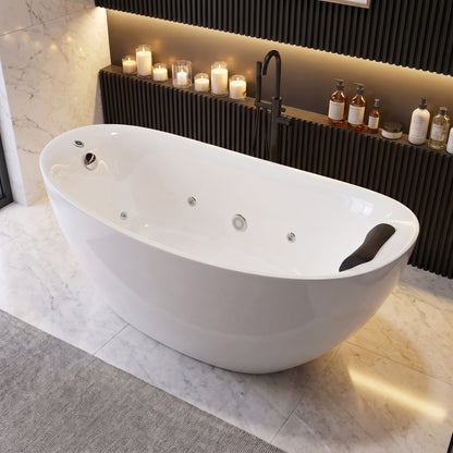 Medunjess 71" Modern Freestanding Seamless Acrylic Whirlpool Hydromassage Bathtub with 6 Water Jets, Chromatherapy LED Light, Ergonomic Black Gel Pillow