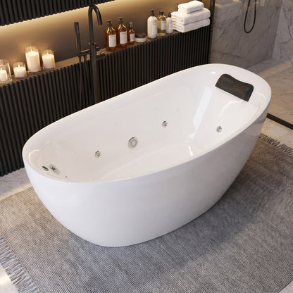 Medunjess 71" Modern Freestanding Seamless Acrylic Whirlpool Hydromassage Bathtub with 6 Water Jets, Chromatherapy LED Light, Ergonomic Black Gel Pillow