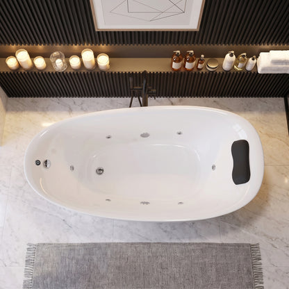 Medunjess 71" Modern Freestanding Seamless Acrylic Whirlpool Hydromassage Bathtub with 6 Water Jets, Chromatherapy LED Light, Ergonomic Black Gel Pillow