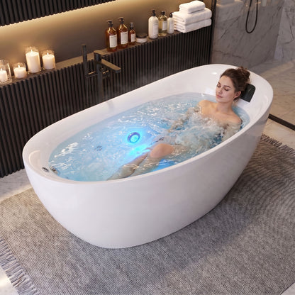 Medunjess 71" Modern Freestanding Seamless Acrylic Whirlpool Hydromassage Bathtub with 6 Water Jets, Chromatherapy LED Light, Ergonomic Black Gel Pillow