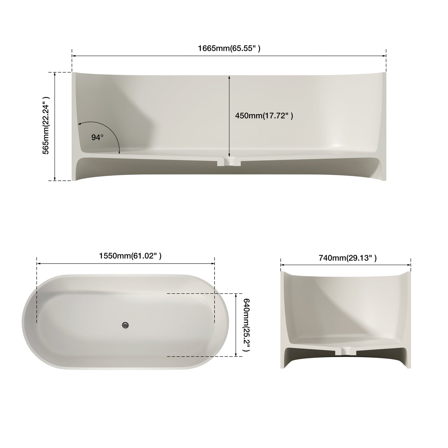 MEDUNJESS 65" Linen Travertine Solid Surface Freestanding Bathtub