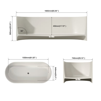 MEDUNJESS 65" Linen Travertine Solid Surface Freestanding Bathtub