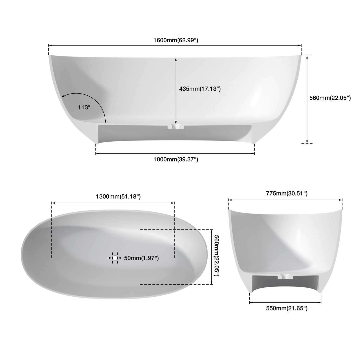 MEDUNJESS 63" Minimalist Travertine Solid Surface Boat-Shaped Freestanding Bathtub