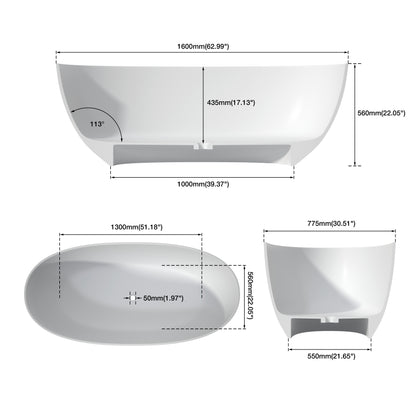 MEDUNJESS 63" Minimalist Travertine Solid Surface Boat-Shaped Freestanding Bathtub