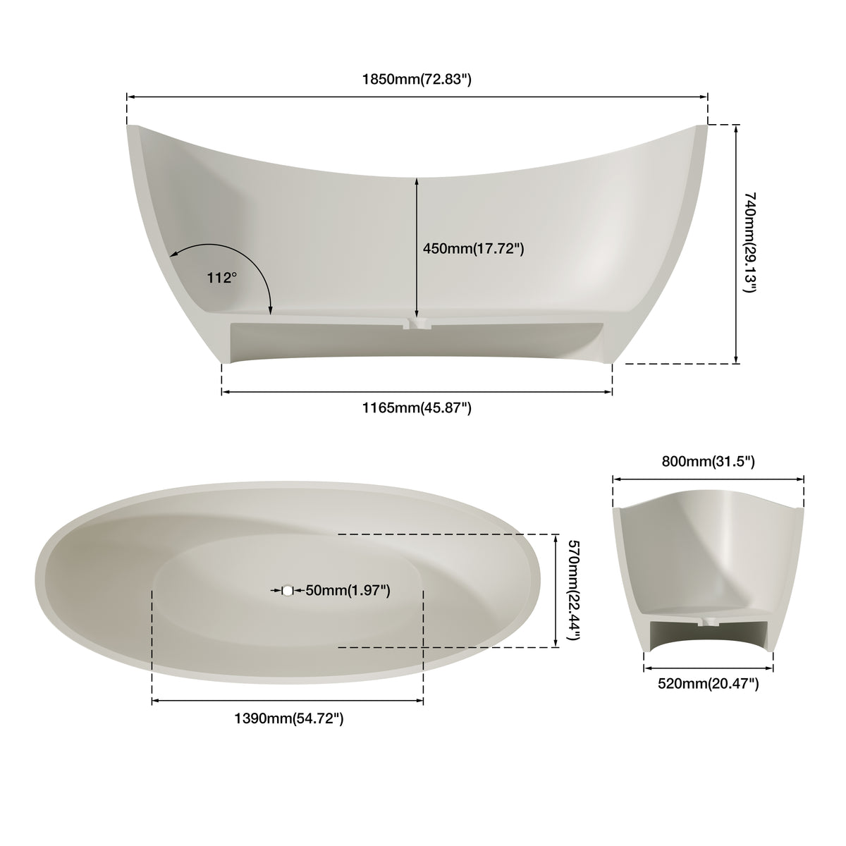 Medunjess 73" Luxury Artificial Stone Travertine Freestanding Bathtub in Linen