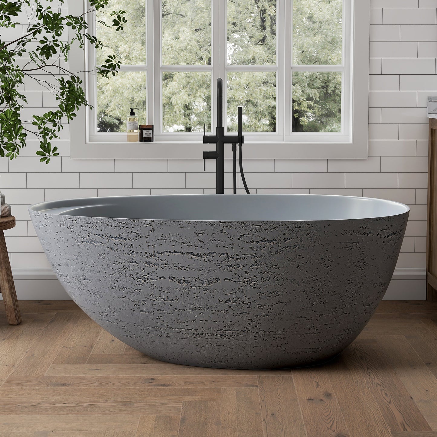 Medunjess 59" Solid Surface Freestanding Tub,Travertine-Texture Design Oval Stone Resin Bathtub Soaking Tub With Overflow
