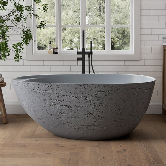 Medunjess 59" Solid Surface Freestanding Tub,Travertine-Texture Design Oval Stone Resin Bathtub Soaking Tub With Overflow