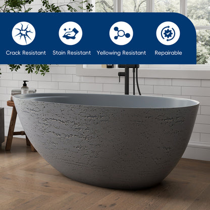 Medunjess 59" Solid Surface Freestanding Tub,Travertine-Texture Design Oval Stone Resin Bathtub Soaking Tub With Overflow