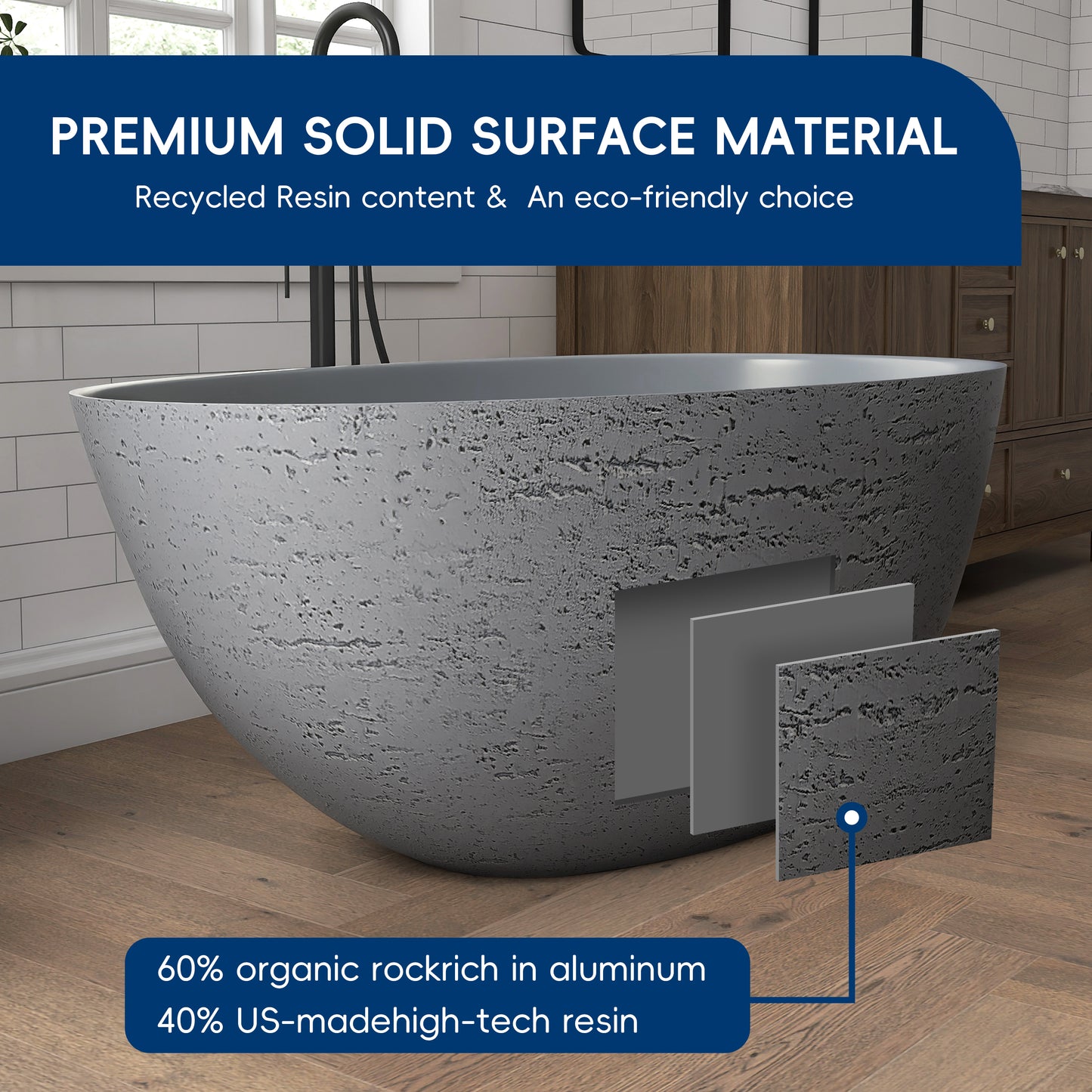 Medunjess 59" Solid Surface Freestanding Tub,Travertine-Texture Design Oval Stone Resin Bathtub Soaking Tub With Overflow
