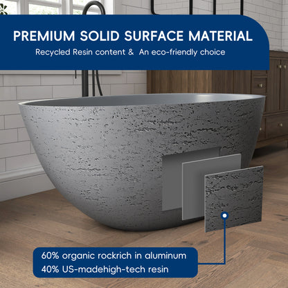 Medunjess 59" Solid Surface Freestanding Tub,Travertine-Texture Design Oval Stone Resin Bathtub Soaking Tub With Overflow