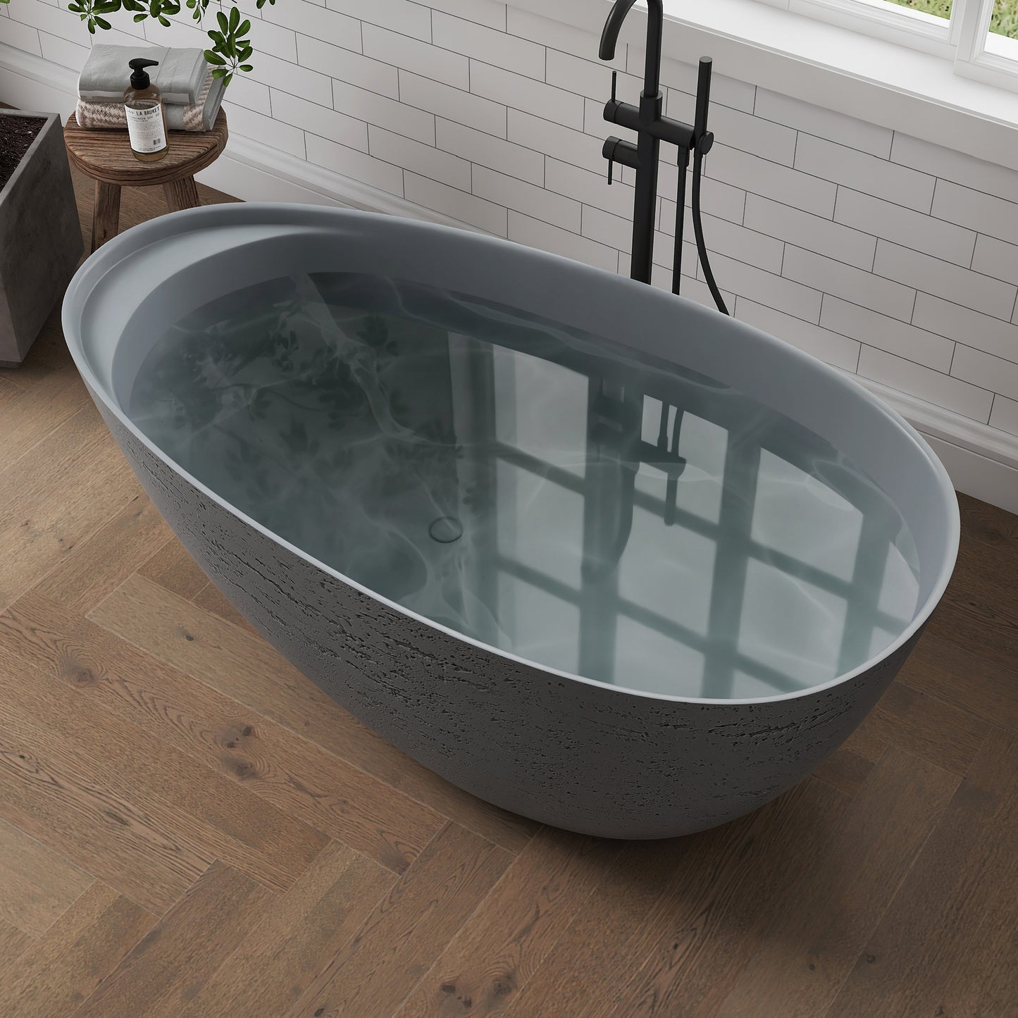 Medunjess 59" Solid Surface Freestanding Tub,Travertine-Texture Design Oval Stone Resin Bathtub Soaking Tub With Overflow